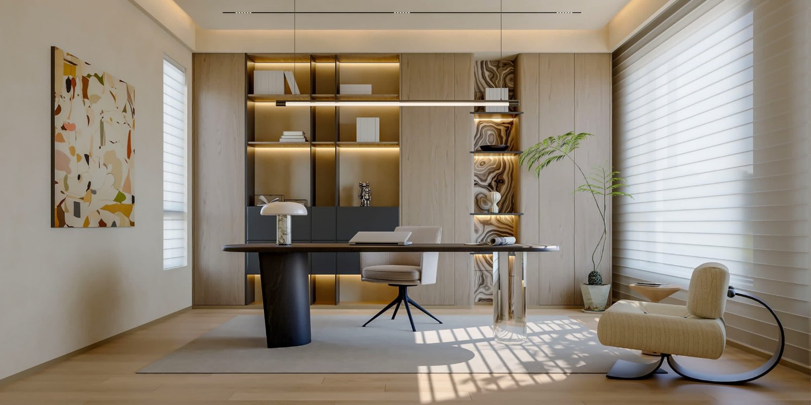 Bright home office with a sculptural desk and backlit shelving