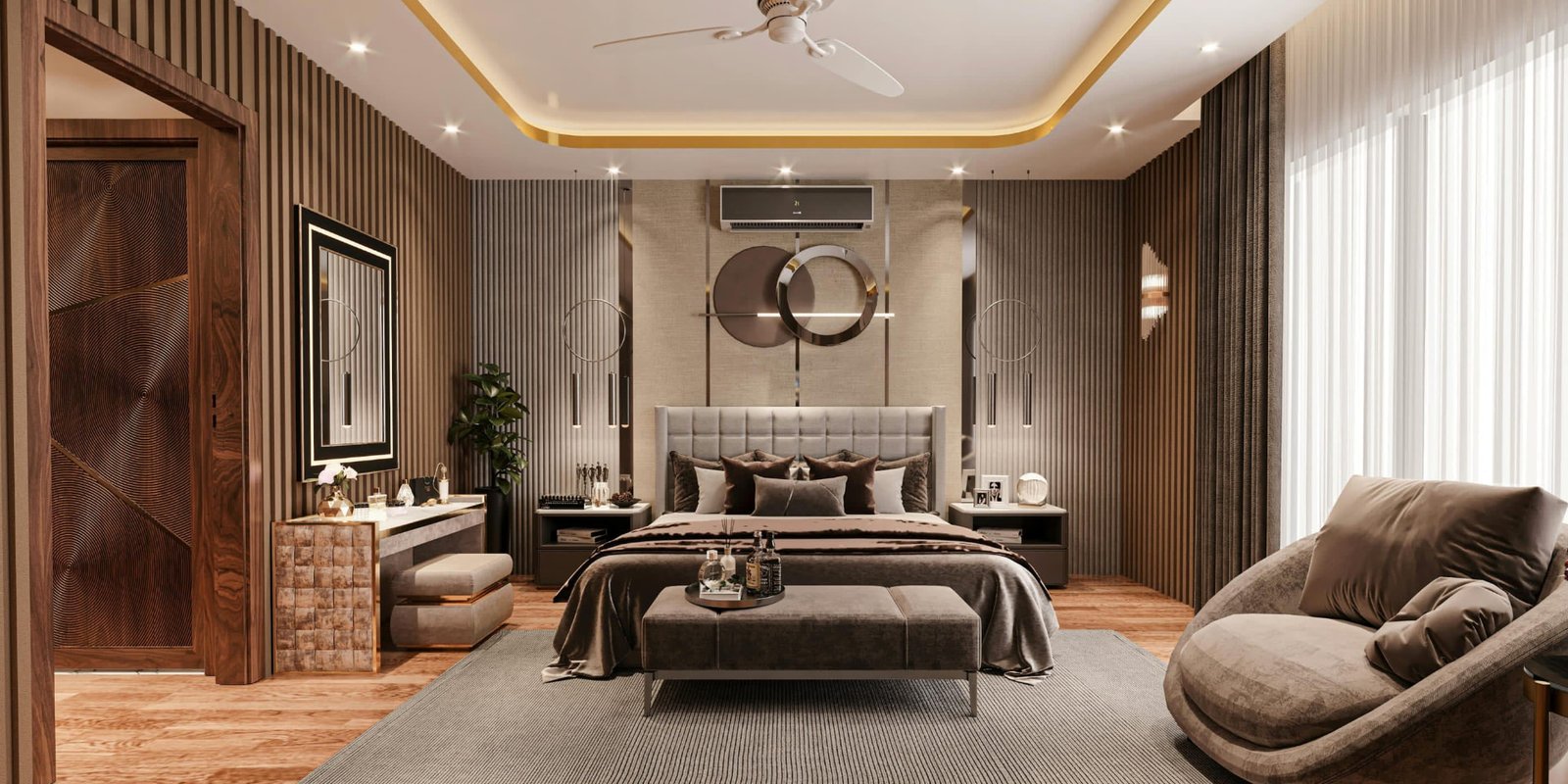 Luxury bedroom with an upholstered headboard and fluted wood panelling