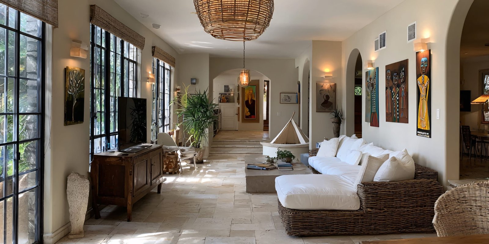 Airy hallway lounge with woven furniture and framed artwork