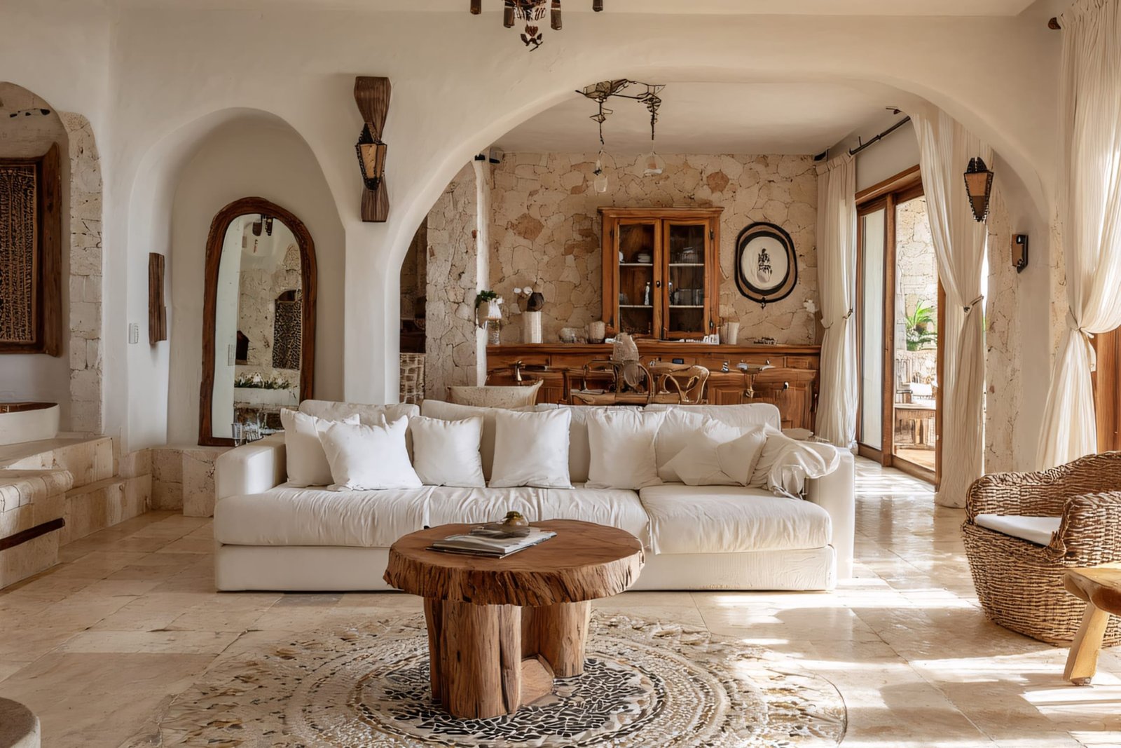 Sunlit living room with a deep white sofa and a solid wood coffee table