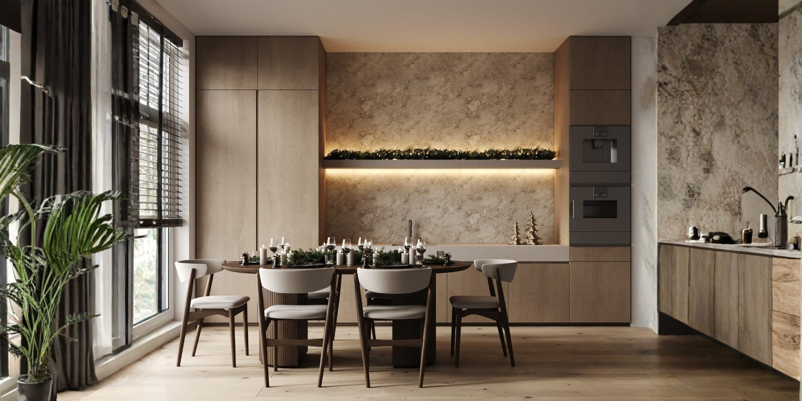 Warm minimalist dining space with backlit stone and rounded chairs